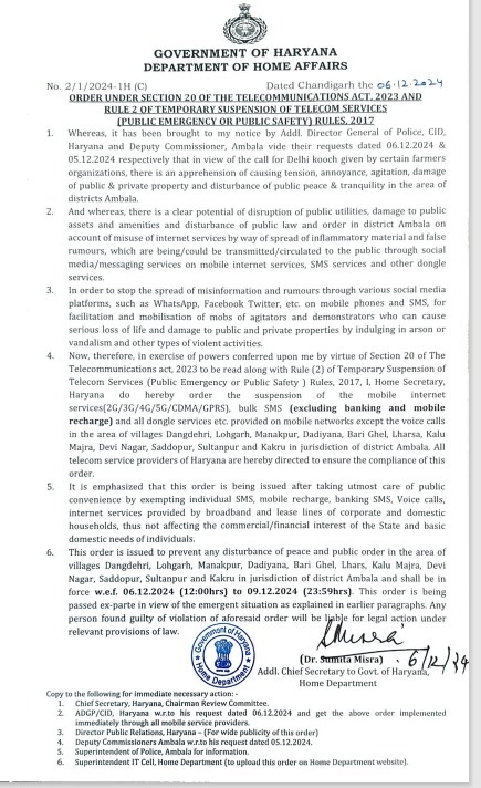 किसान आंदोलन के चलते सरकार का बड़ा फैसला, अंबाला जिले में इतने दिनों के लिए  बंद हुआ INTERNET - internet is closed in this district of haryana due to  farmers protest-mobile