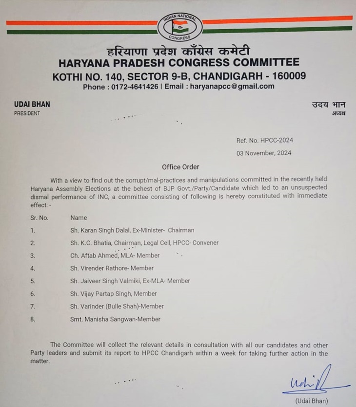 हरियाणा कांग्रेस अध्यक्ष की ओर से बनाई गई कमेटी में ये नेता शामिल हैं।